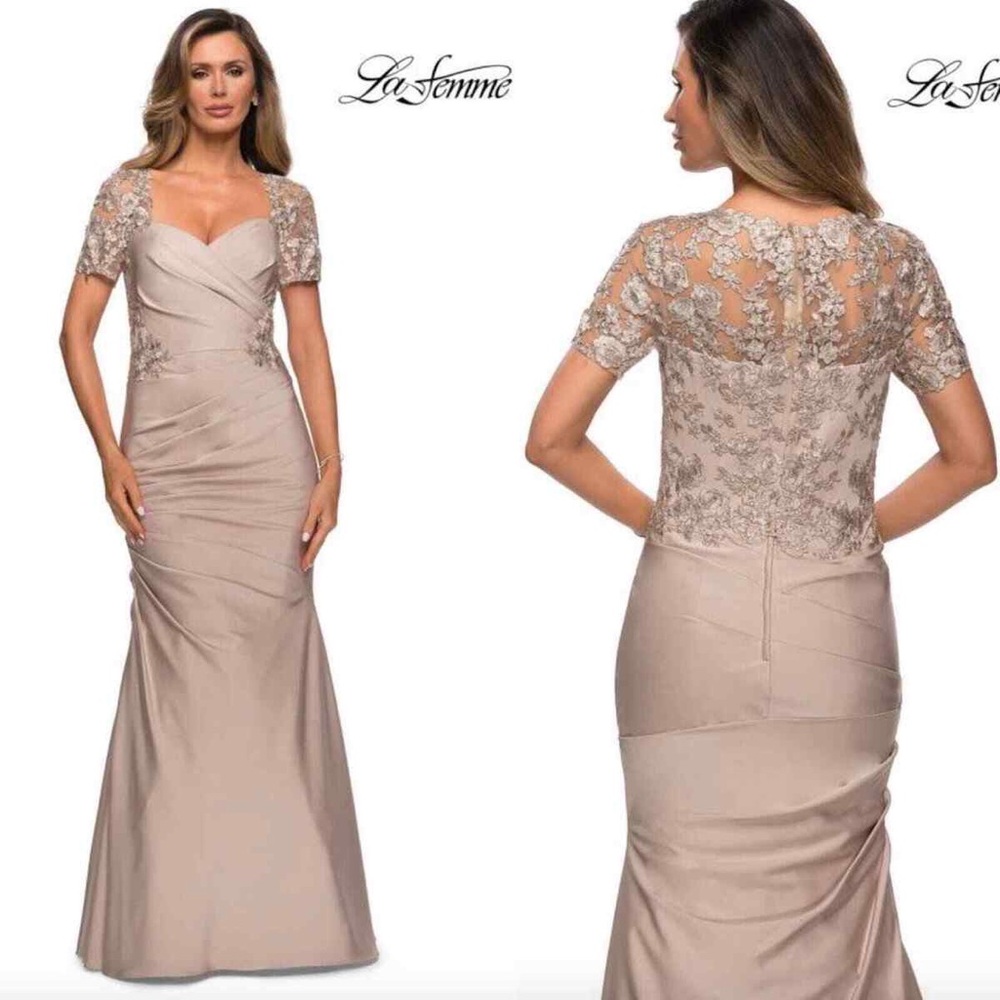 La Femme Elegant Beige Evening Gown